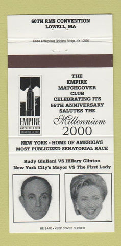 Matchbook Cover - Rudy Giuliani Hillary Clinton 2000 Senate Match Club 30 Strike