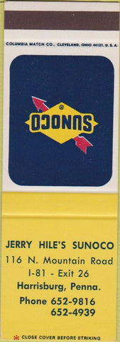 Matchbook Cover - Sunoco oil gas Jerry Hile's Harrisburg PA SAMPLE
