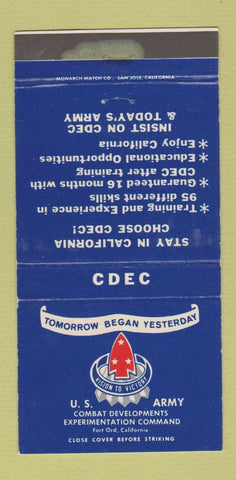 Matchbook Cover - US Army Combat Developments Fort Ord CA WEAR 30 Strike