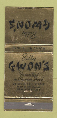 Matchbook Cover - Bill Gwon's Chinese New York City WEAR 30 Strike