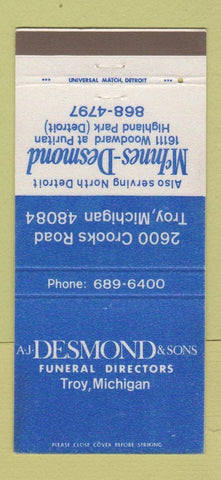 Matchbook Cover - McInnes Desmond Funeral Home Troy MI Highland Park 30 Strike