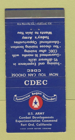 Matchbook Cover - US Army Combat Developments Fort Ord CA WEAR 30 Strike