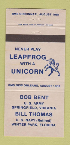 Matchbook Cover - RMS New Orleans 1982 Bob Bent Army Thomas Navy 30 Strike