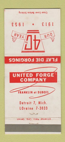 Matchbook Cover - United Forge Company Detroit MI 1953 30 Strike
