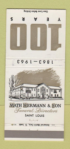 Matchbook Cover - Math Hermann Funeral Home St Louis MO 1963 30 Strike