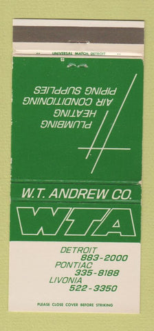 Matchbook Cover - WT Andrew Plumbing Heating Detroit Pontiac MI 30 Strike