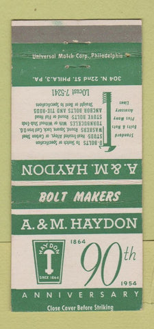 Matchbook Cover - A&M Haydon Bolt Makers Philadelphia PA 1954 30 Strike