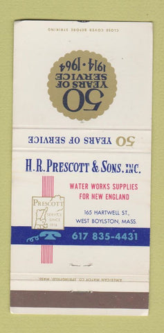 Matchbook Cover - HR Prescott Son Water Supply West Boylston MA 1964 30 Strike