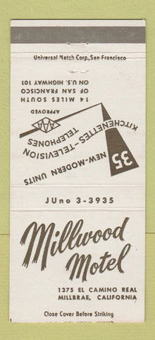 Matchbook Cover - Millwood Motel Millbrae CA 30 Strike