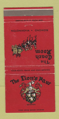 Matchbook Cover - Lion's Paw Coach Room Redmond WA WEAR 30 Strike