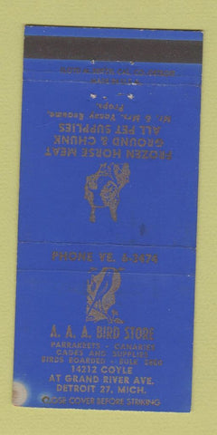 Matchbook Cover AAA Bird Store Parrakeets Detroit MI Horse Meat! WORN 30 Strike