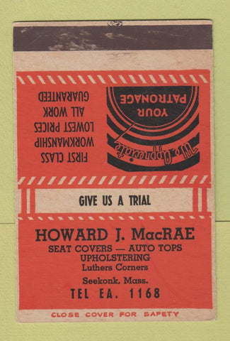 Matchbook Cover - Howard MacRae Seat Covers Seekonk MA SAMPLE 40 Strike