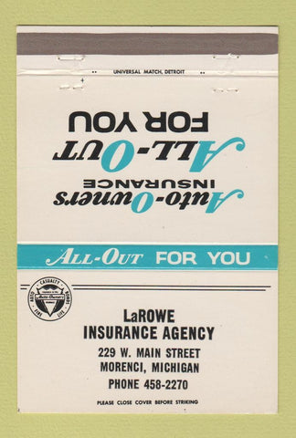 Matchbook Cover - LaRowe Insurance Agency Morenci MI 40 Strike