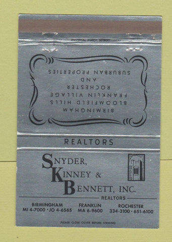 Matchbook Cover - Snyder Kinney Bennett Real Estate Birmingham MI 40 Strike