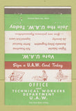 Matchbook Cover - UAW Union Technical Workers Office Detroit MI 40 Strike