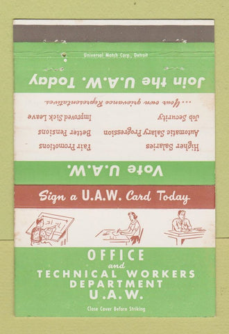 Matchbook Cover - UAW Union Technical Workers Office Detroit MI 40 Strike