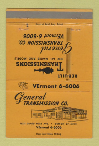 Matchbook Cover - General Transmission Detroit MI 40 Strike
