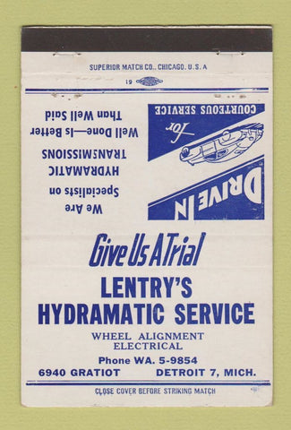 Matchbook Cover - Lentry's Hydramatic Service Detroit MI 40 Strike