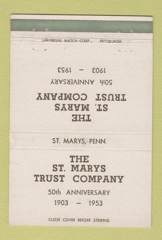 Matchbook Cover - St Marys Trust Company PA 1953 40 Strike