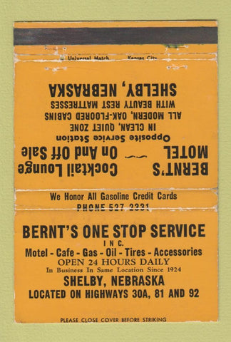 Matchbook Cover - Bernt's Motel Cafe oil gas Shelby NE WEAR 40 Strike