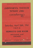 Matchbook Cover Thompson's Bowling Tournament Henrici Chicago IL 1941 40 Strike