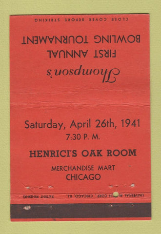 Matchbook Cover Thompson's Bowling Tournament Henrici Chicago IL 1941 40 Strike