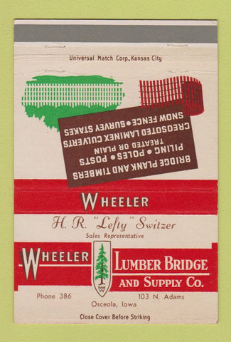 Matchbook Cover - Wheeler Lumber Bridge Osceola IA CREASED 40 Strike