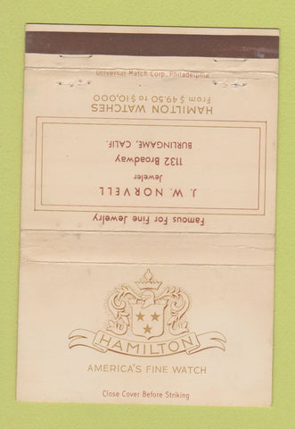 Matchbook Cover - Hamilton Watches JW Norvell Burlingame CA WEAR 40 Strike