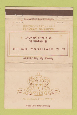 Matchbook Cover - Hamilton Watches MD Armsgrong St Albans VT WEAR 40 Strike