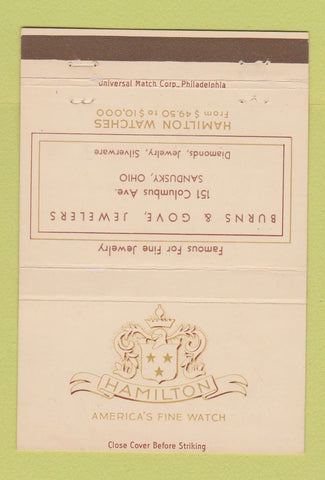 Matchbook Cover - Hamilton Watches Burns Gove Sandusky OH 40 Strike