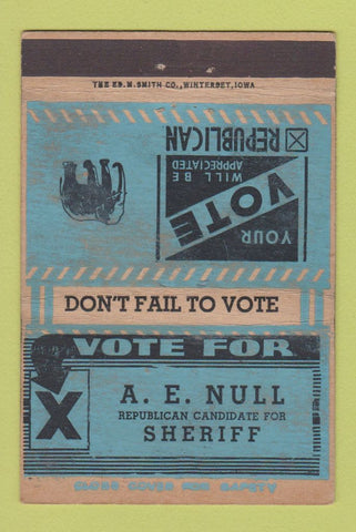 Matchbook Cover - AE Null Sheriff Election WEAR 40 Strike