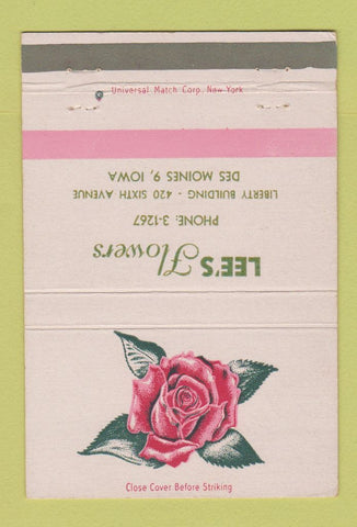 Matchbook Cover - Lee's Flowers Des Moines IA 40 Strike