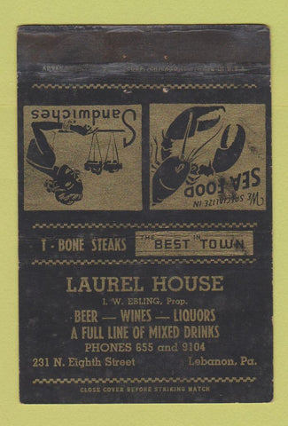 Matchbook Cover - Laurel House Lebanon PA WORN 40 Strike