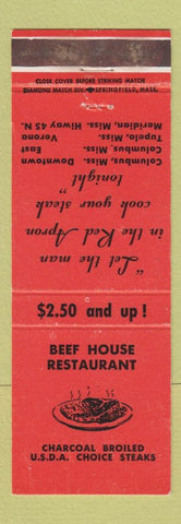 Matchbook Cover - Beef House Restaurant Columbus Tupelo Meridian MS