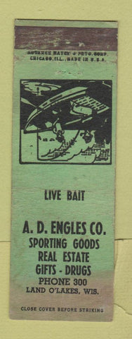 Matchbook Cover - AD Engles Sporting Goods Drugs Land O Lakes WI WORN