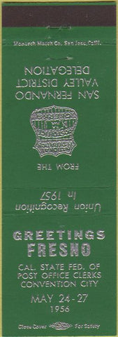 Matchbook Cover - Fresno CA Delegation 1956 Post Office Clerks