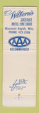 Matchbook Cover - Wilbern's Motel Restaurant Wisconsin Rapids WI WEAR