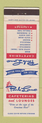 Matchbook Cover - Park Lane Cafeterias Miami FL Hialeah Lake Worth WEAR