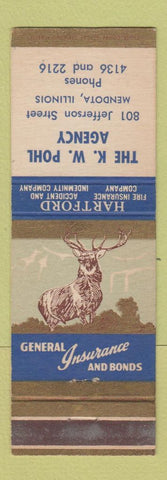 Matchbook Cover - Hartford Insurance KW Pohl Mendota IL