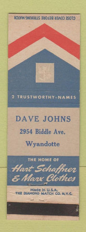 Matchbook Cover - Hart Schaffner Marx Men's Clothes Dave Johns Wyandotte MI