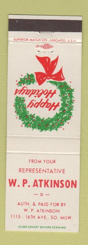 Matchbook Cover - WP Atkinson Representative WI South Milwaukee WI Christmas