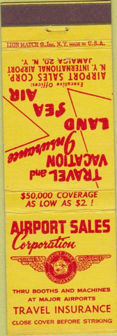 Matchbook Cover - Airport Sales Corp travel insurance Jamaica NY