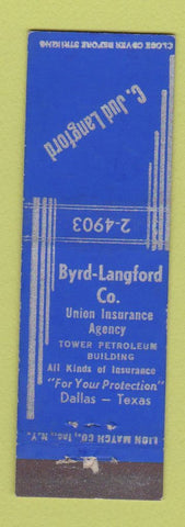 Matchbook Cover - Byrd Langford Insurance Dallas TX Midget