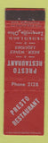 Matchbook Cover - Presto Restaurant Zanesville OH Midget