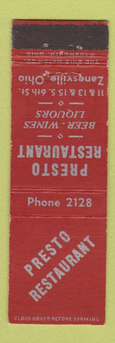 Matchbook Cover - Presto Restaurant Zanesville OH Midget