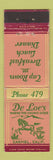 Matchbook Cover - De Loe's Restaurant Carmel CA Midget