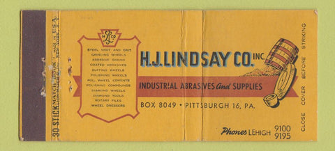 Matchbook Cover - HJ Lindsay Abrasives Supply Pittsburgh PA WEAR 30 Stick