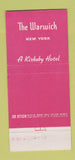 Matchbook Cover - Warwick Hotel New York City Kirkeby 30 Stick