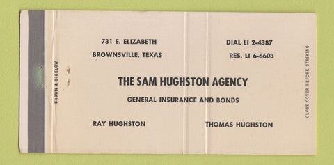 Matchbook Cover - Sam Hughston Insurance Brownsville TX WEAR 30 Strike
