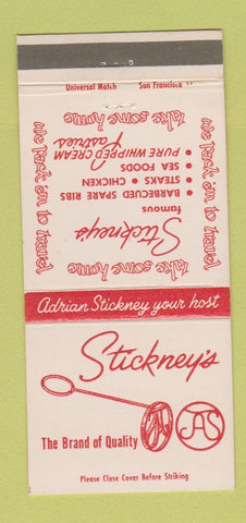 Matchbook Cover - Stickney's San Mateo Palo Alto Santa Clara CA 30 Strike